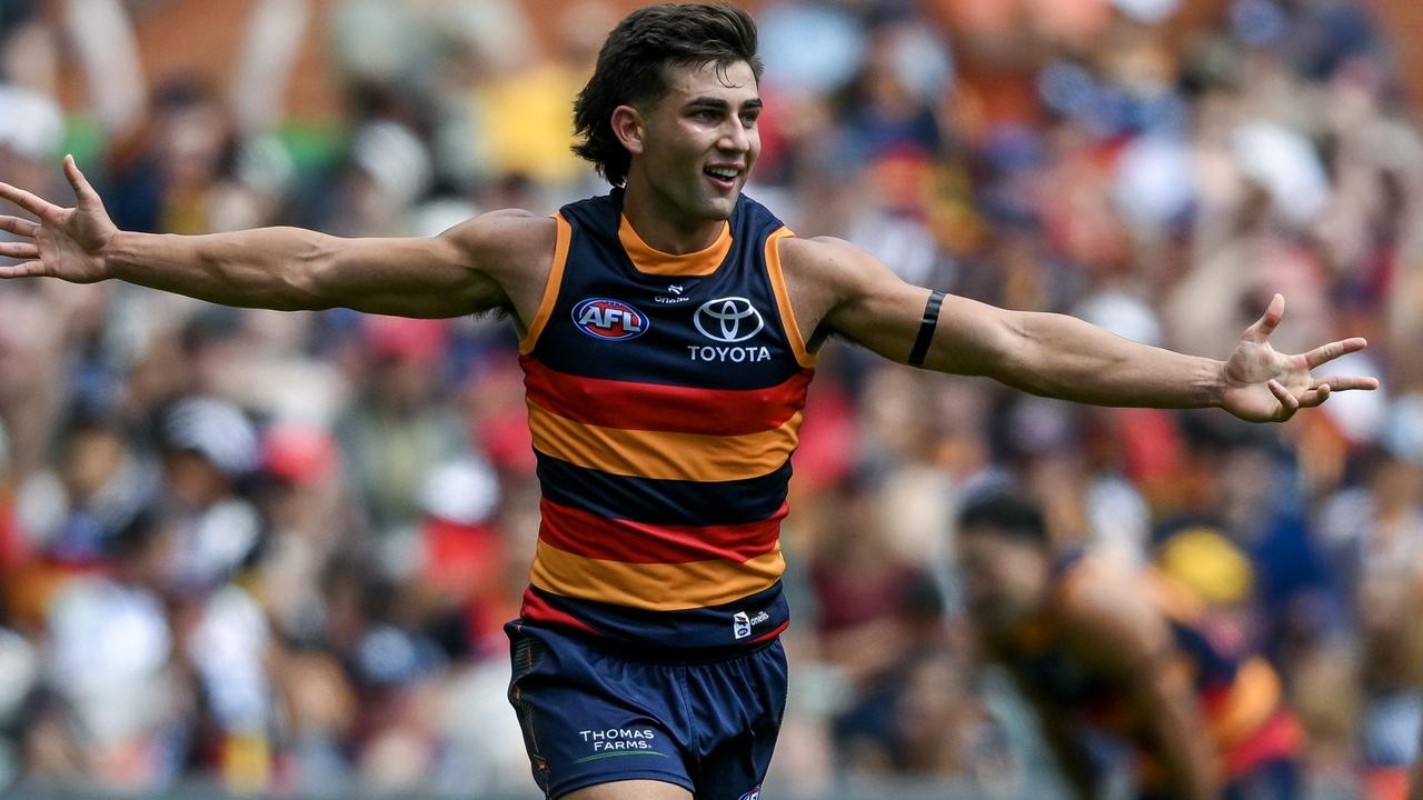 ADELAIDE, AUSTRALIA - MARCH 16:Josh Rachele of the Crows celebrates a goal  during the round one AFL match between Adelaide Crows and St Kilda Saints at Adelaide Oval, on March 16, 2025, in Adelaide, Australia. (Photo by Mark Brake/Getty Images)