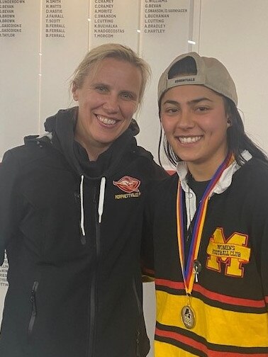 Celestina Dona (right) with Morphettville Park champion Cassie Hartley after winning the 2022 Gina Dutschke Medal. Picture: Adelaide Footy League