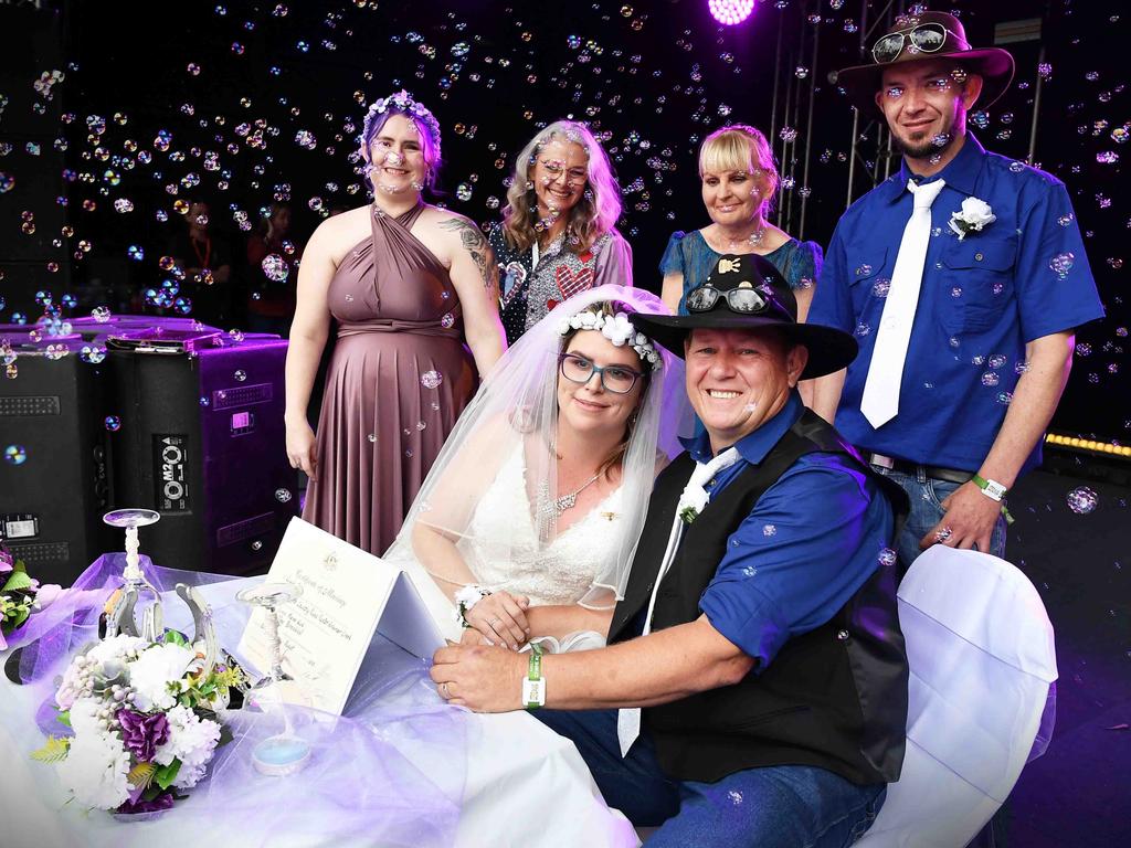 Simone Ward and Geoffrey Borninkhof, were married on The Hill Stage at Gympie Music Muster. Picture: Patrick Woods.