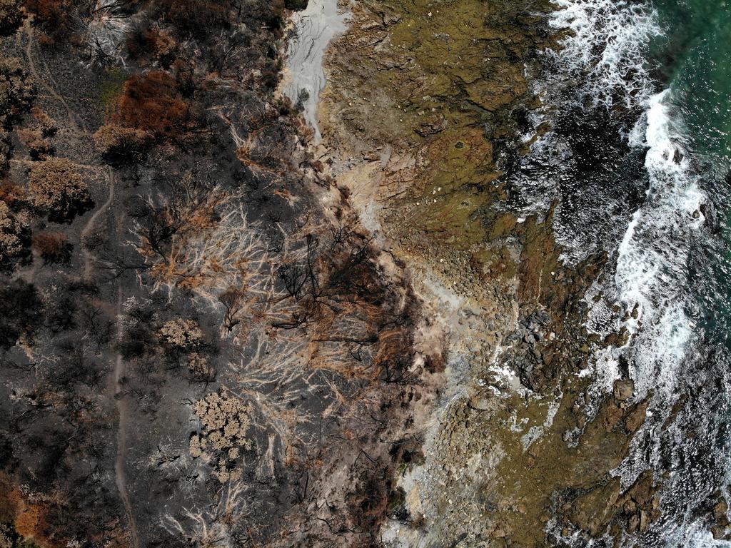 Homes in Malua Bay were randomly destroyed by the New Years Eve fire storm while others were left virtually untouched. The burnt out headland known as Pretty Point where the fire burnt right to the ocean. Picture: Toby Zerna