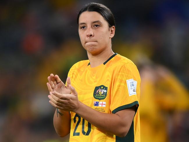 Sam Kerr applauds fans after the Matildas’ 3-1 semi-final defeat against England and elimination from the World Cup. Picture: Justin Setterfield/Getty Images