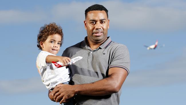 Aaron Lobendahn and Harland Lobendahn, 2, pictured at Colmslie Recreation Reserve, are unhappy with the noise from the second runway. Picture: Josh Woning