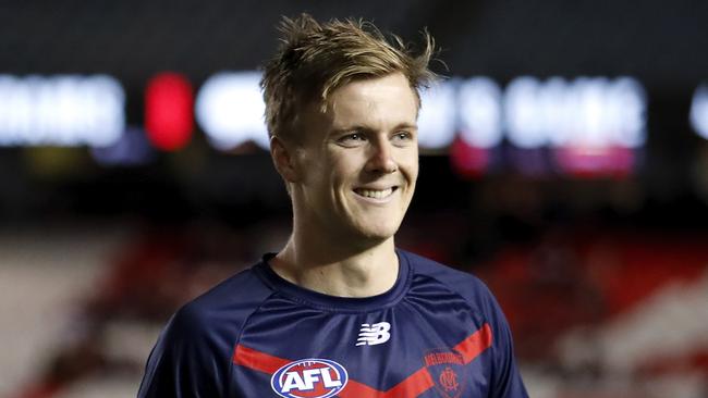 MELBOURNE, AUSTRALIA - MARCH 27: James Jordon of the Demons looks on after the warm up during the 2021 AFL Round 02 match between the St Kilda Saints and the Melbourne Demons at Marvel Stadium on March 27, 2021 in Melbourne, Australia. (Photo by Dylan Burns/AFL Photos via Getty Images)