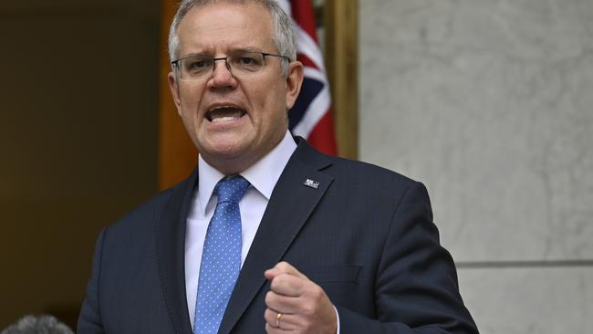 Prime Minister Scott Morrison holds a press conference after the National Cabinet meeting at Parliament House. Picture: NCA NewsWire / Martin Ollman