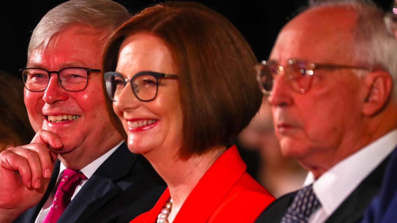 Former Labor prime ministers Kevin Rudd, Julia Gillard and Paul Keating all attended Bill Shorten’s campaign launch in 2019. Picture: Patrick Hamilton/AFP