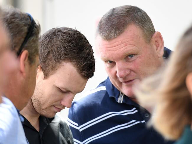 An unhappy promoter Dean Lonergan and his fighter Jeff Horn today. Picture: AAP