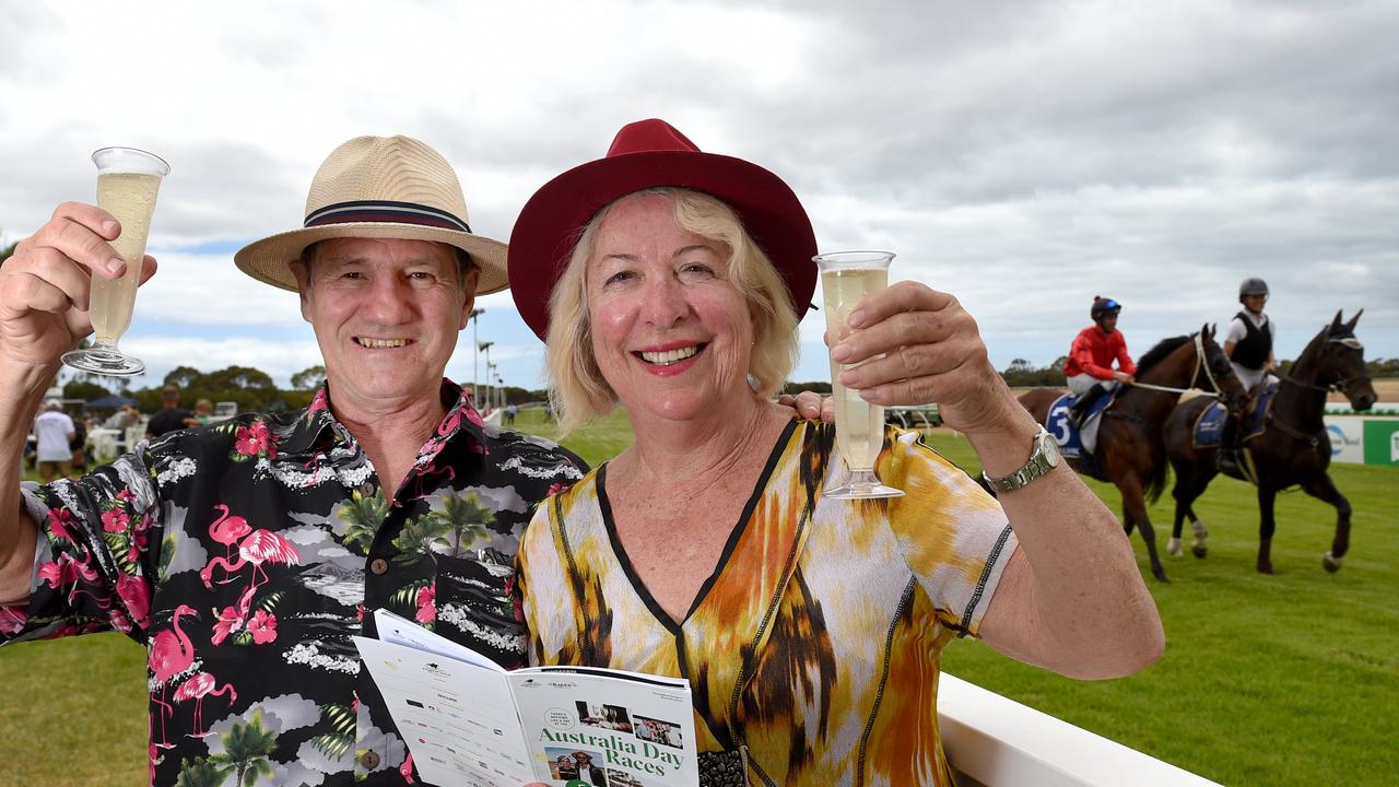 John and Dawn McElhinney enjoyed a day at the races at Cygnet River, Kangaroo Island. They are from north of Cairns and are travelling around Australia, and decided to visit KI due to the “Book Them Out” campaign. Picture: Naomi Jellicoe