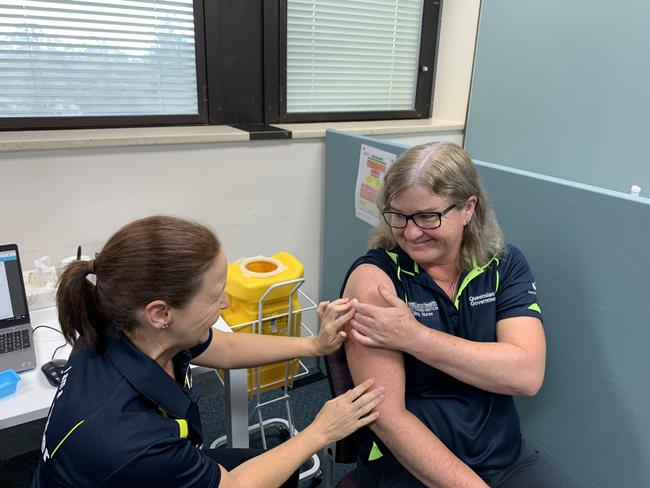 The first person to be vaccinated for COVID-19 at Ipswich Hospital today was Infection Prevention Clinical NurseConsultant Monica Prior.