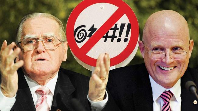 Christian Democrat leader Fred Nile and Liberal Democrat Senator David Leyonhjelm have very different ideas on cuss words. Picture: Digitally altered