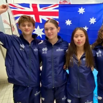 Archie Forsyth, left, and Emily Francis, middle, were members of the Young Australian divers at the Dresden Junior Diving Meet in Germany.