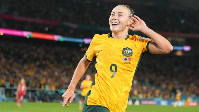 SYDNEY, AUSTRALIA - AUGUST 7: Caitlin Foord celebrates her first goal during the FIFA Women's World Cup Australia & New Zealand 2023 Round of 16 match between Australia and Denmark at Stadium Australia on August 7, 2023 in Sydney, Australia.(Photo by Fred Lee/Getty Images)