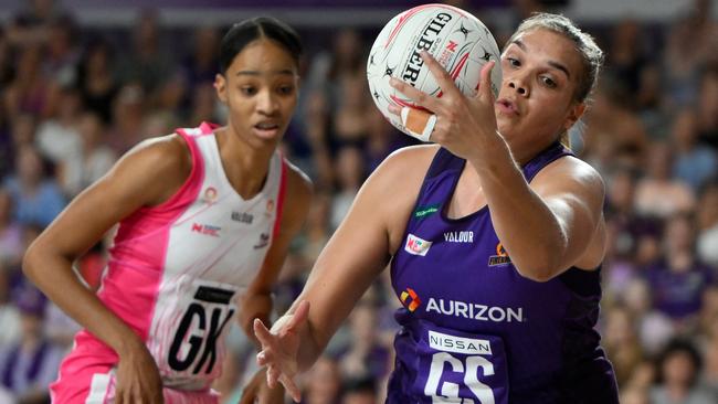 Donnell Wallam of the Firebirds in action against Adelaide Thunderbirds defender Shamera Sterling at Nissan Arena. Photo: Getty Images