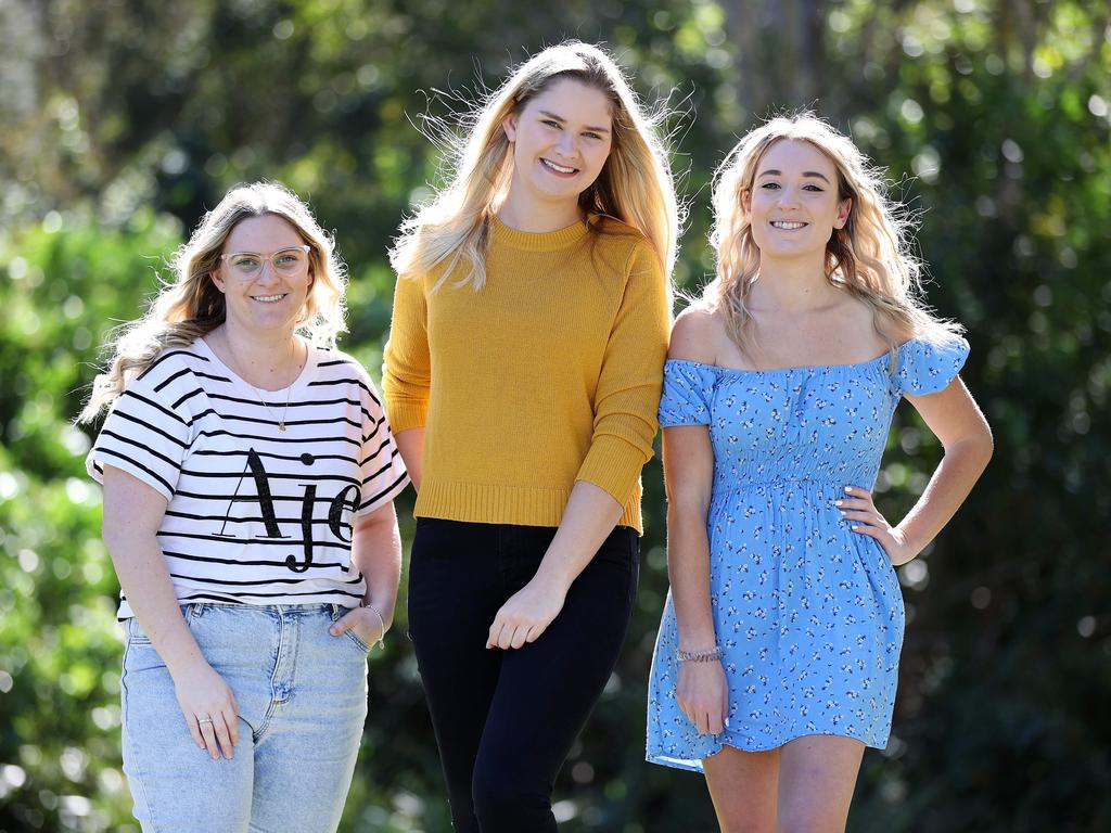 Cavill Stone, 29, Olivia Howe, 23, and Amy Bramman, 29, share their COVID vaccine incentives. Picture: Tara Croser