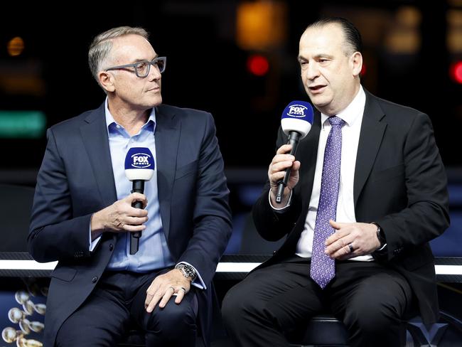 Patrick Delany (left), CEO of Foxtel Group, talks with Chairman of the Australian Rugby League Commission Peter V'landys in Las Vegas. Picture: Ezra Shaw/Getty Images