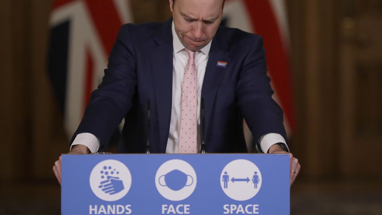 Britain's health secretary Matt Hancock delivered a speech about further restrictions to be put in place. Picture: Kirsty Wigglesworth / WPA Pool / Getty Images