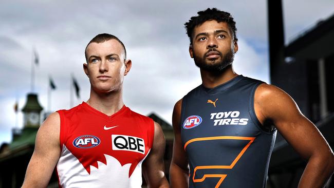 Sydney's Chad Warner and Giants Connor Idun at the SCG for the launch of the Sydney Derby XXVII between the Sydney Swans and the GWS Giants. Photo by Phil Hillyard(Image Supplied for Editorial Use only - **NO ON SALES** - Â©Phil Hillyard )