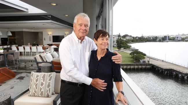 Hilary and Howard Stack in their Newstead Penthouse 250/1 Newstead Tce, set to break Brisbane's residential sales price record. Picture: Liam Kdston