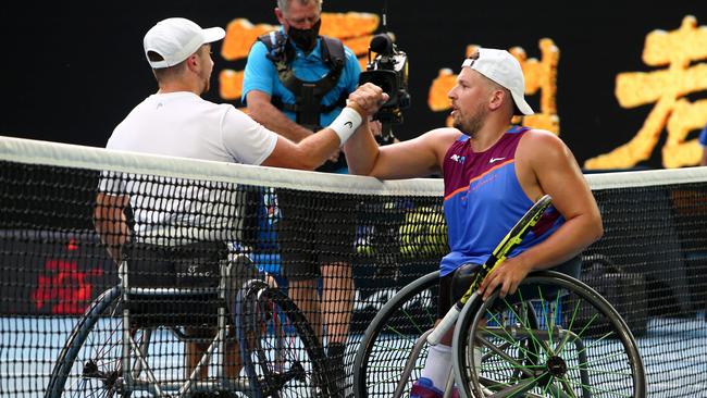 Sam Schroder shakes hands with Dylan Alcott after the match. Picture: AFP Images