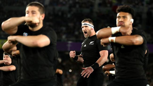 YOKOHAMA, JAPAN - SEPTEMBER 21: New Zealand players perform the Haka prior to the Rugby World Cup 2019 Group B game between New Zealand and South Africa at International Stadium Yokohama on September 21, 2019 in Yokohama, Kanagawa, Japan. (Photo by Hannah Peters/Getty Images)