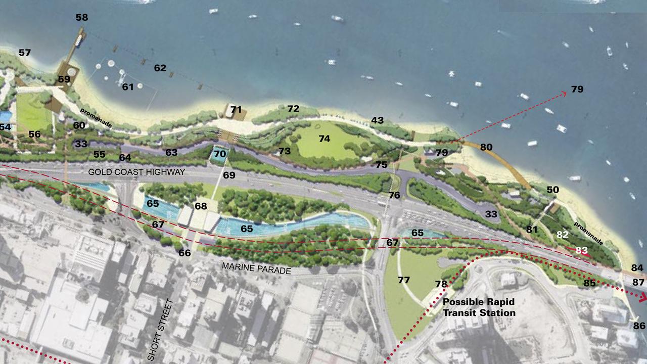 An image from the final draft Masterplan for the Broadwater Parklands released in December 2007 showing the proposed realignment of the Gold Coast Highway.