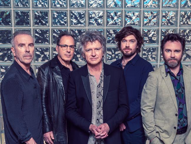 ***EXCLUSIVE FOR THE AUSTRALIAN*** Australian rock band Crowded House, whose seventh  album 'Dreamers Are Waiting' was released in 2021. L-R: Nick Seymour (bass), Mitchell Froom (keys), Neil Finn (guitar/vocals), Liam Finn (guitar) and Elroy Finn (drums). Picture: Stephen Dykes