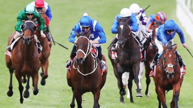 Hugh Bowman guides Winx to her fourth Cox Plate. Pic: Getty Images