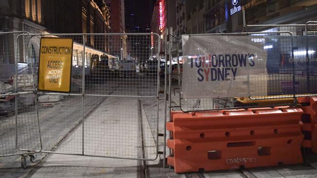 No through road. The light rail construction on George St in the city. Picture: Simon Bullard