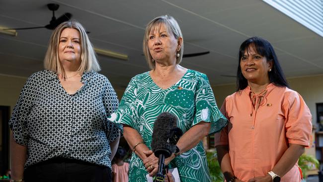 Sarah Lloyd from Territory Childcare Group, NT Education Minister Jo Hersey and Oly Carlson Member for Wanguri speak to media following the Country Liberal Party's announcement that they will repeal the Portable Long Service Leave (Community Services Sector) Act 2024. Picture: Pema Tamang Pakhrin