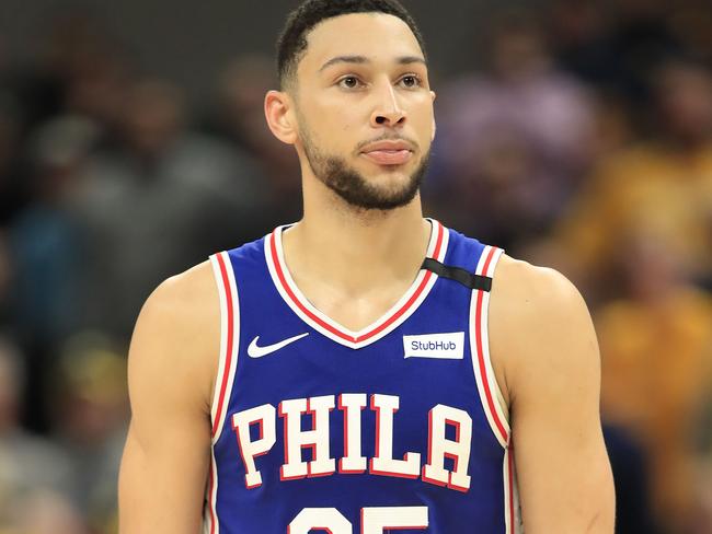 INDIANAPOLIS, INDIANA - JANUARY 13: Ben Simmons #25 of the Philadelphia 76ers watches the action against the Indiana Pacers at Bankers Life Fieldhouse on January 13, 2020 in Indianapolis, Indiana. NOTE TO USER: User expressly acknowledges and agrees that, by downloading and or using this photograph, User is consenting to the terms and conditions of the Getty Images License Agreement.   Andy Lyons/Getty Images/AFP == FOR NEWSPAPERS, INTERNET, TELCOS & TELEVISION USE ONLY ==