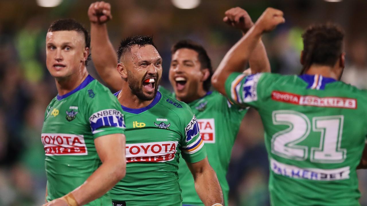 The Raides celebrate their stunning comeback win against the Titans. Picture: Matt King/Getty Images