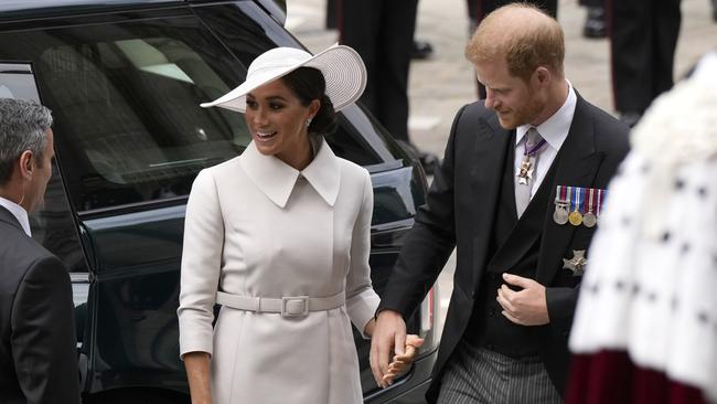 Prince Harry and Meghan Markle arrive for the National Service of thanksgiving to celebrate the Queen’s Platinum Jubilee at St Paul's Cathedral on June 3. Picture: Matt Dunham/Getty Images