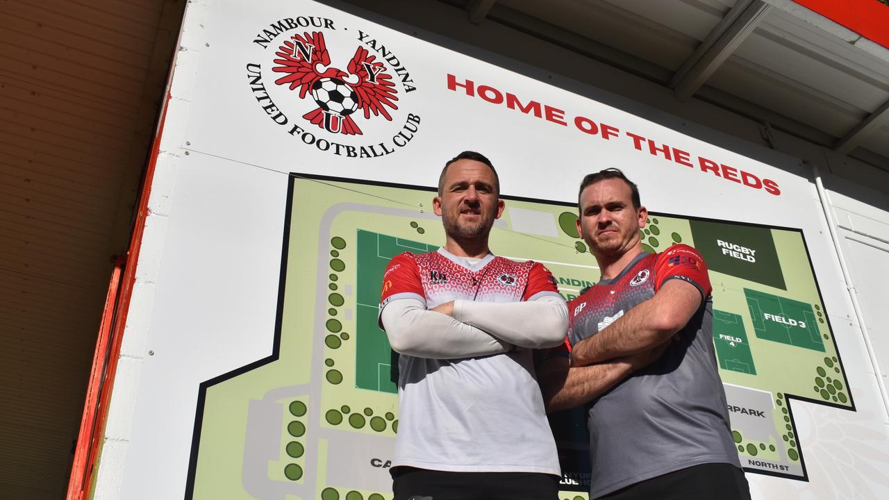 Nambour Yandina United captain Brendan Prickett and coach Kyle Nix say the Red Army has helped the club to the summit of Coast football. Picture: Matty Holdsworth