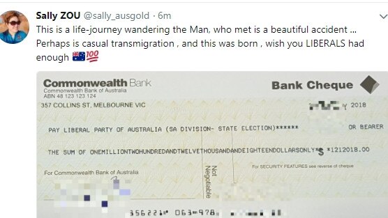 Sally Zou claimed in a tweet she donated $1.2million to the Liberals. Picture: Twitter @sally_ausgold