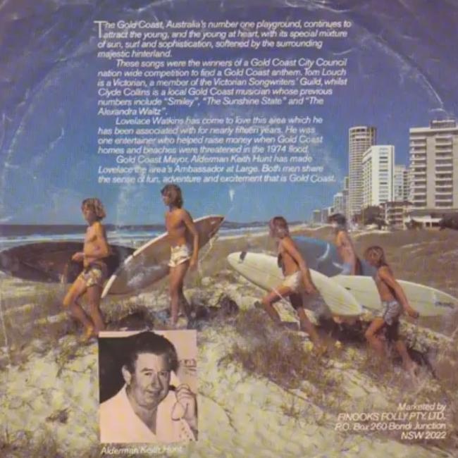 The back of Lovelace Watkins’ 1970s single We Love The Gold Coast. Picture: Supplied.