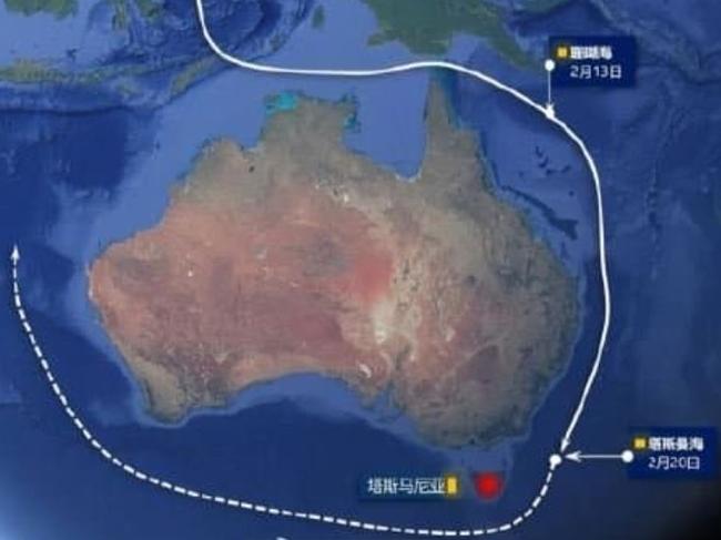 A Chinese state-controlled media representation of the track being followed by Task Group 107, the naval force involved in last week’s incident in the Tasman Sea.