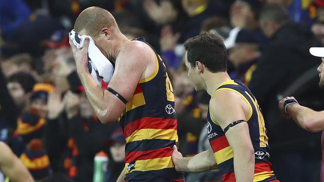 An emotional Sam Jacobs after the Crows’ win. Picture: Sarah Reed