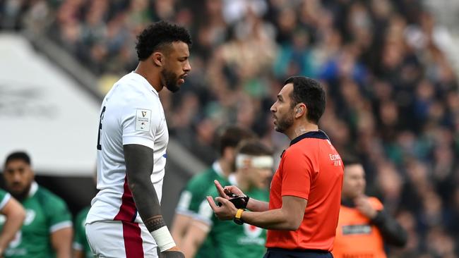 LONDON, ENGLAND - MARCH 12: Courtney Lawes of England speaks to Referee Mathieu Raynal after a red card for Charlie Ewels (not pictured) during the Guinness Six Nations Rugby match between England and Ireland at Twickenham Stadium on March 12, 2022 in London, England. (Photo by Shaun Botterill/Getty Images)