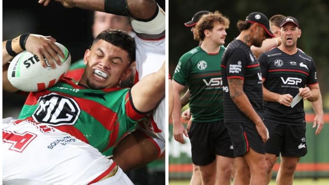 Souths youngster Leon Te Hau and Rabbitohs training. Photos: Getty Images