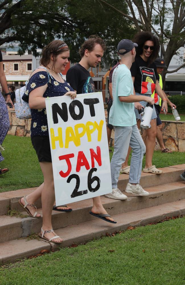 Hundreds of Territorians demonstrated on Invasion Day 2024 by marching from Civic Park through Darwin city on Friday, January 26. Picture: Zizi Averill