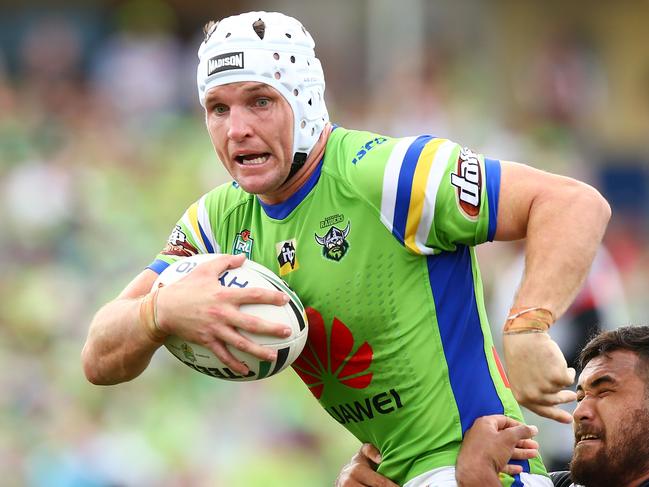 CANBERRA, AUSTRALIA - MARCH 24:  Jarrod Croker of the Raiders is tackled during the round three NRL match between the Canberra Raiders and the New Zealand Warriors at GIO Stadium on March 24, 2018 in Canberra, Australia.  (Photo by Mark Nolan/Getty Images)