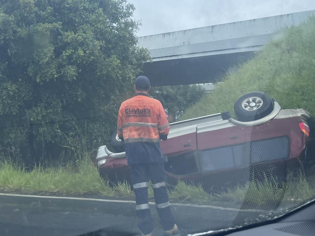 A car rollover at Pacific Paradise on Saturday afternoon marked a chaotic day on the Sunshine Coast, with multiple incidents keeping emergency crews busy. Photo: Sam Turner