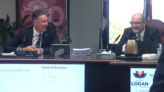 Logan mayor Darren Power, left, and acting CEO Silvio Trinca were asked about whether they would dress up to attend a cancer fund raising event, which Mr Power attended in 2017 dressed as Hansel.