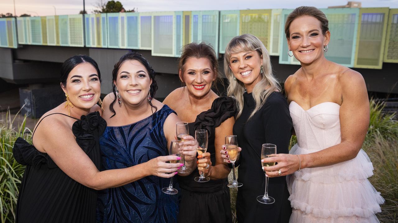 At LifeFlight Toowoomba Gala are (from left) Rebecca Rees, Claire Graham, Lynn Skuse, Hannah Codd and Robyn Carter at The Goods Shed, Saturday, May 6, 2023. Picture: Kevin Farmer