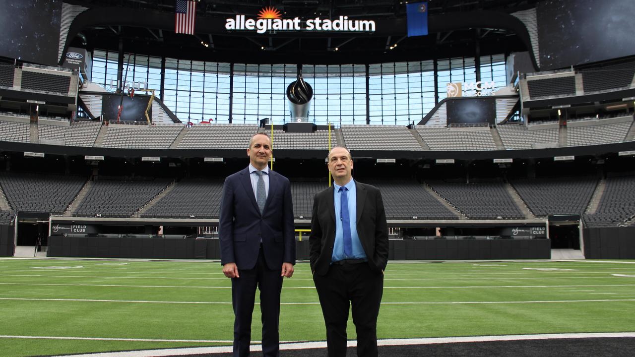 Andrew Abdo and Peter V'landys at Allegiant Stadium in Las Vegas.