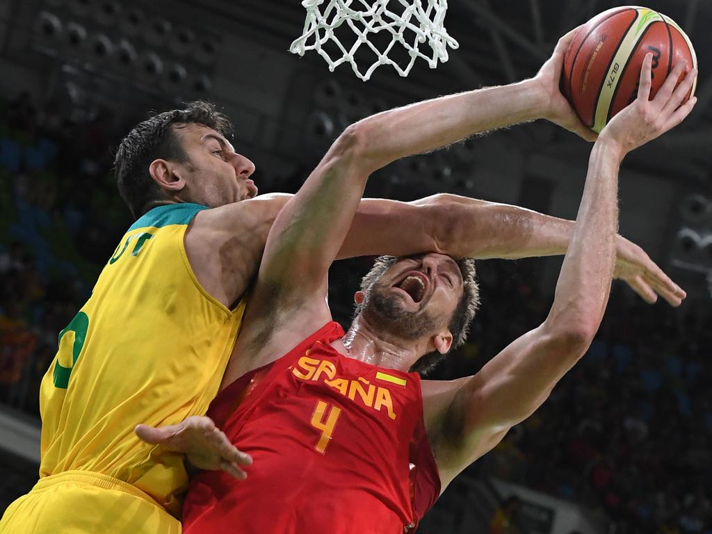 Spain centre Pau Gasol goes to the basket against Australia's Andrew Bogut during the bronze medal match at the Rio 2016 Olympics; another heartbreaker for the Boomers. Picture: Mark Ralston/AFP