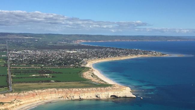 Maslin Beach, looking toward Aldinga and Sellicks Hills in the City of Onkaparinga as seen from the Appliances Online Blimp. More than 2200 mortgage holders in the area are set to be plunged into mortgage on Tuesday if the RBA introduce a 0.25 per cent rate rise. Pic: Supplied