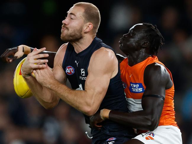 Aleer didn’t leave McKay’s side for most of the game. Picture: Michael Willson/AFL Photos via Getty Images