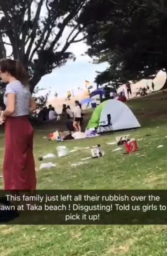 Unruly travellers — local Krista Curnow witnessed British travellers creating a mess at Takapuna Beach, north of Auckland. Picture: Krista Curnow/Facebook