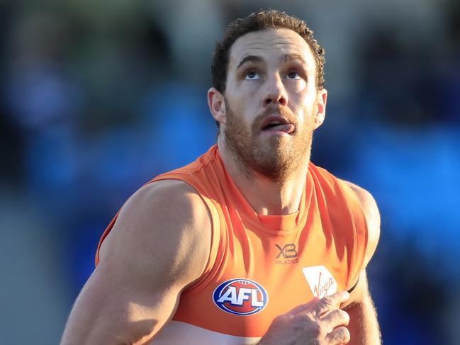 Shane Mumford of the Giants during the Round 13 AFL match between the North Melbourne Kangaroos and the GWS Giants at Blundstone Arena in Hobart, Sunday, June 16, 2019.  (AAP Image/Rob Blakers) NO ARCHIVING, EDITORIAL USE ONLY