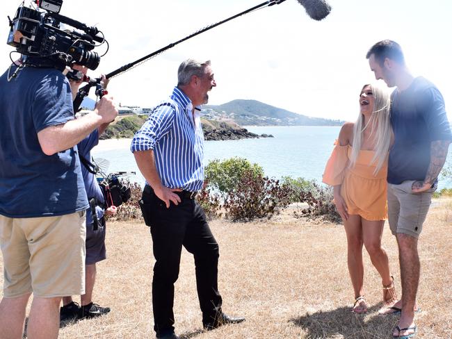 The House Hunters crew films host Lucas Wilson with Canadian couple Brooke and Jared Runnels at Cooee Bay in September 2019 for the episode's winter release in Nth America